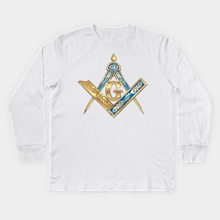 Compass & Square Masonic Symbol in blue and gold, for Those Who Travel East Towards The Light Kids Long Sleeve T-Shirt